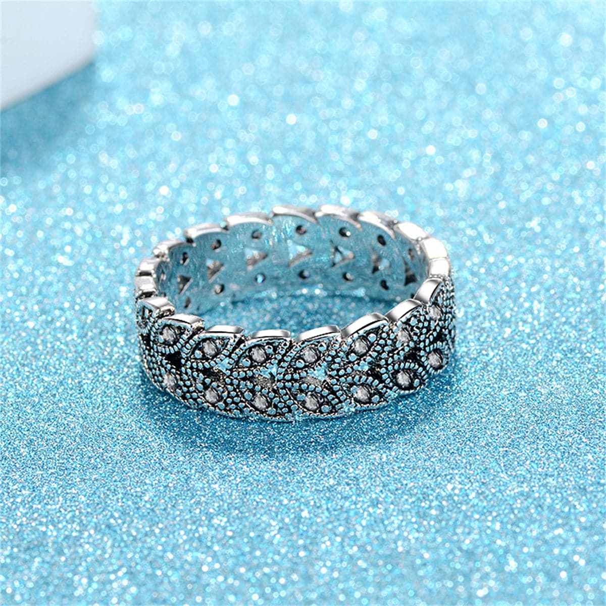 Cubic Zirconia & Silvertone Leaves Band Ring-1