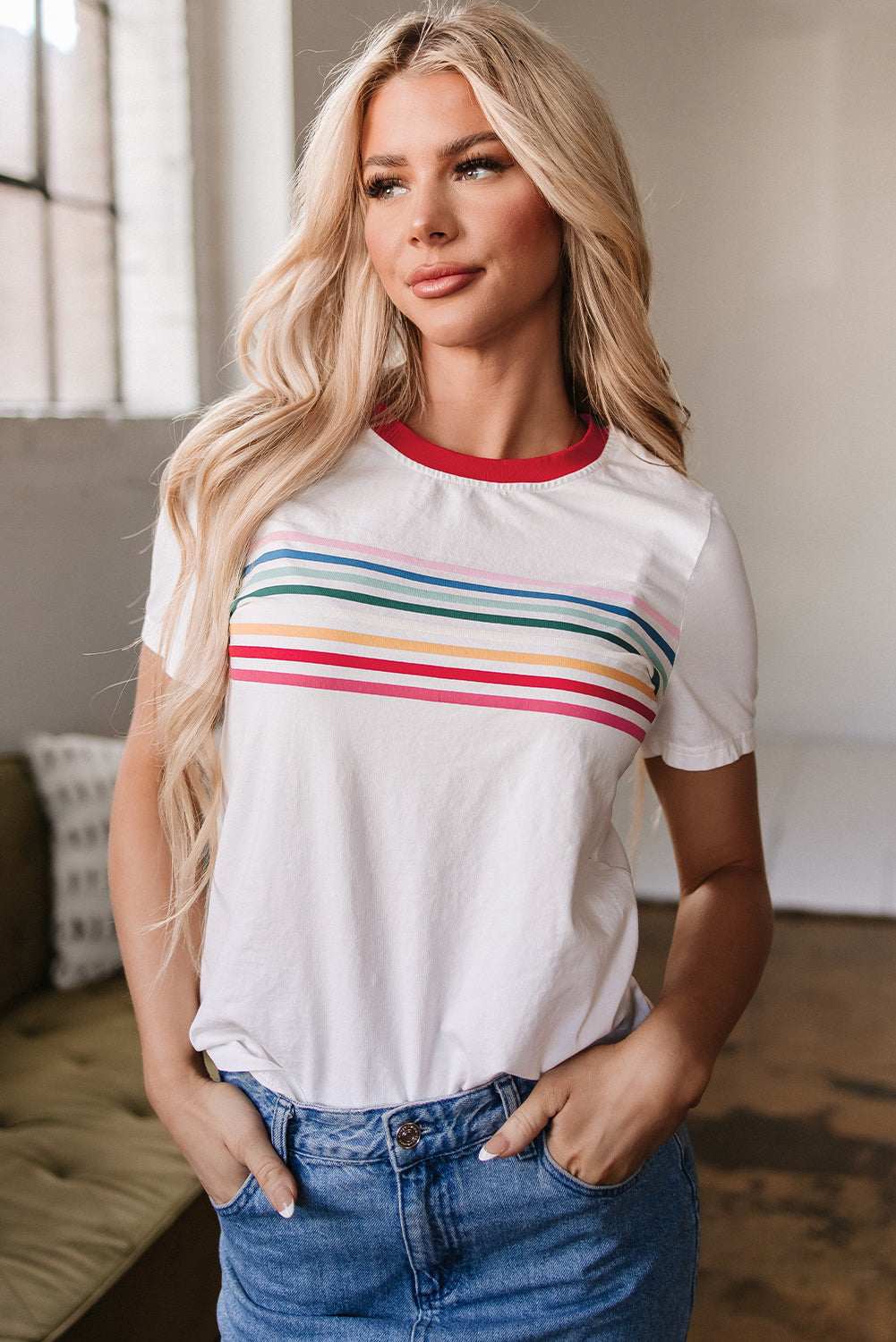 Carter Rainbow Stripe Crewneck Top - White / M - 8/10