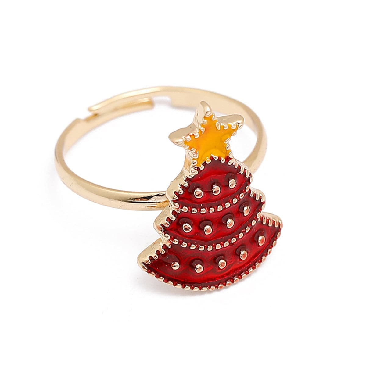 Red Enamel & Goldtone Christmas Tree Adjustable Ring