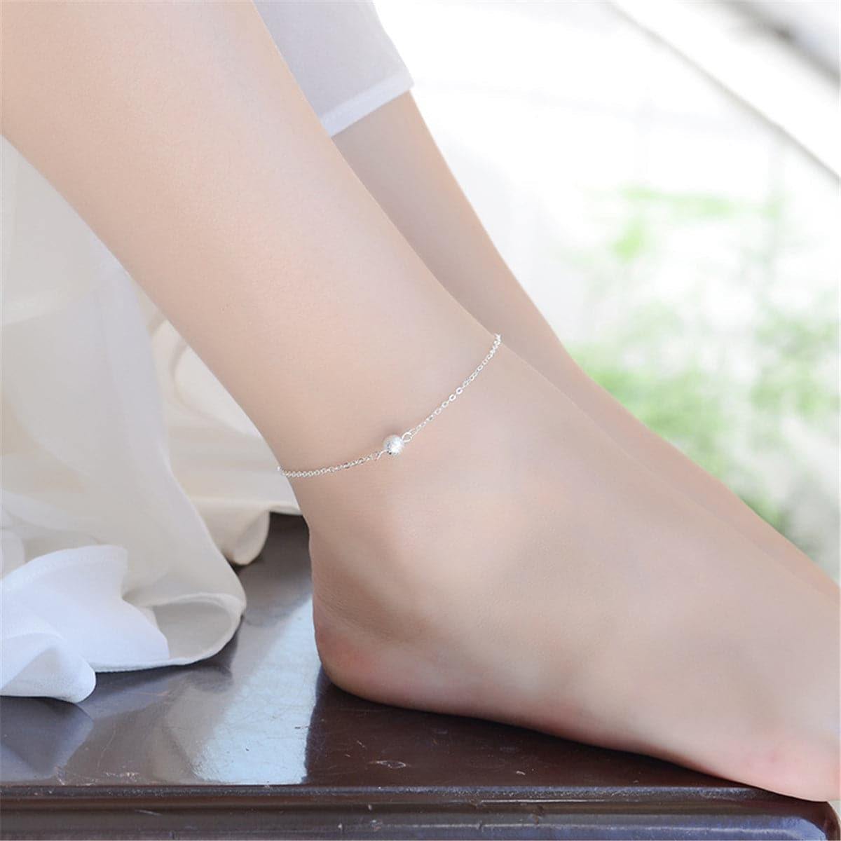 Silvertone Frosted Bead Charm Anklet