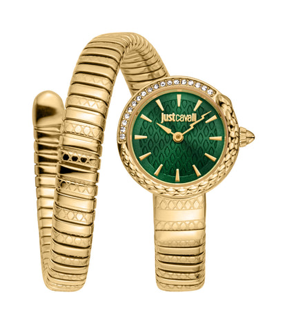 Jc1l301m0035 Just Cavalli Cerchio Snake Women’s Gold Stainless Steel Snake Watch with Green Dial
