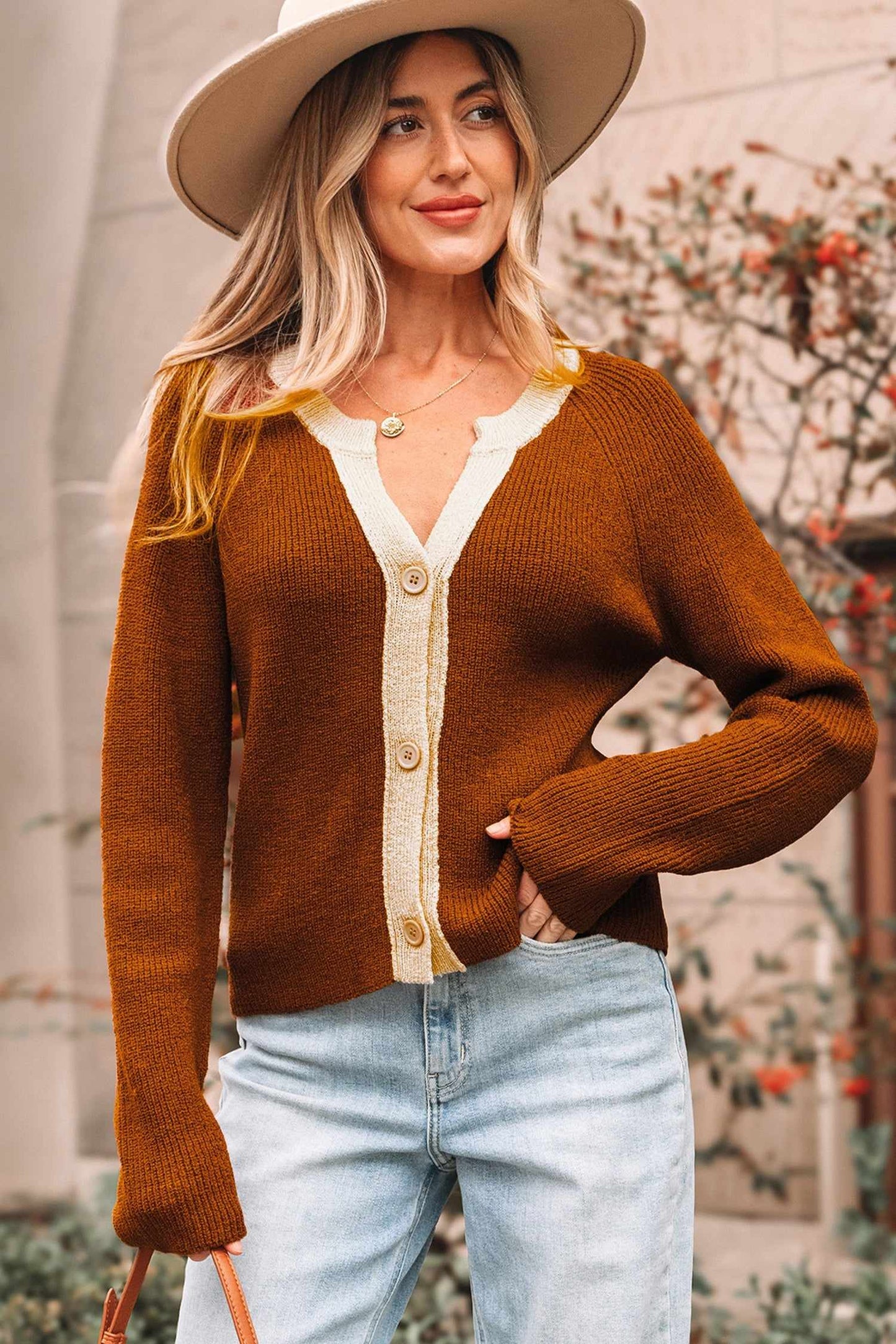 Gabriella Knit Neckline Short Cardigan - Chestnut / L - 12/14