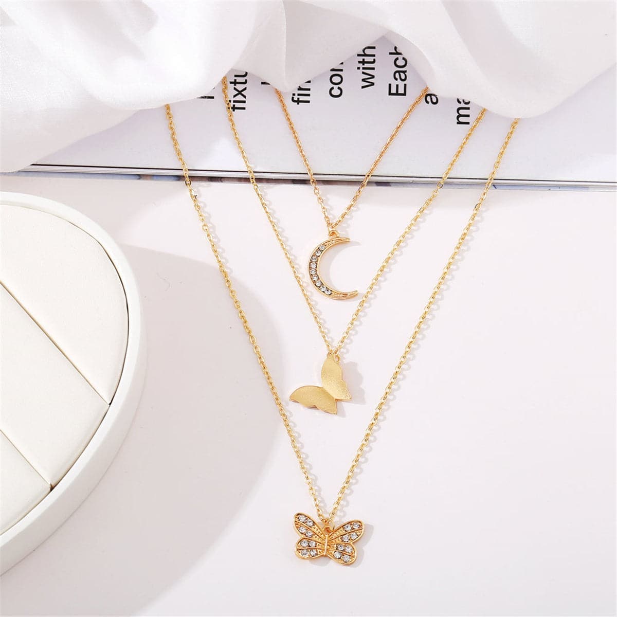 Cubic Zirconia & Goldtone Moon Butterfly Layered Pendant Necklace
