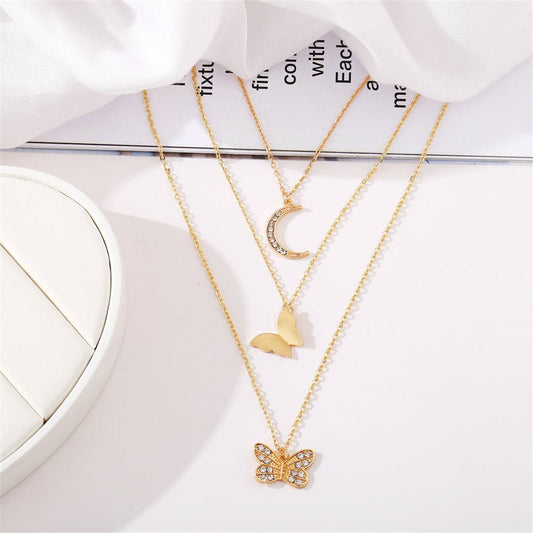 Cubic Zirconia & Goldtone Moon Butterfly Layered Pendant Necklace