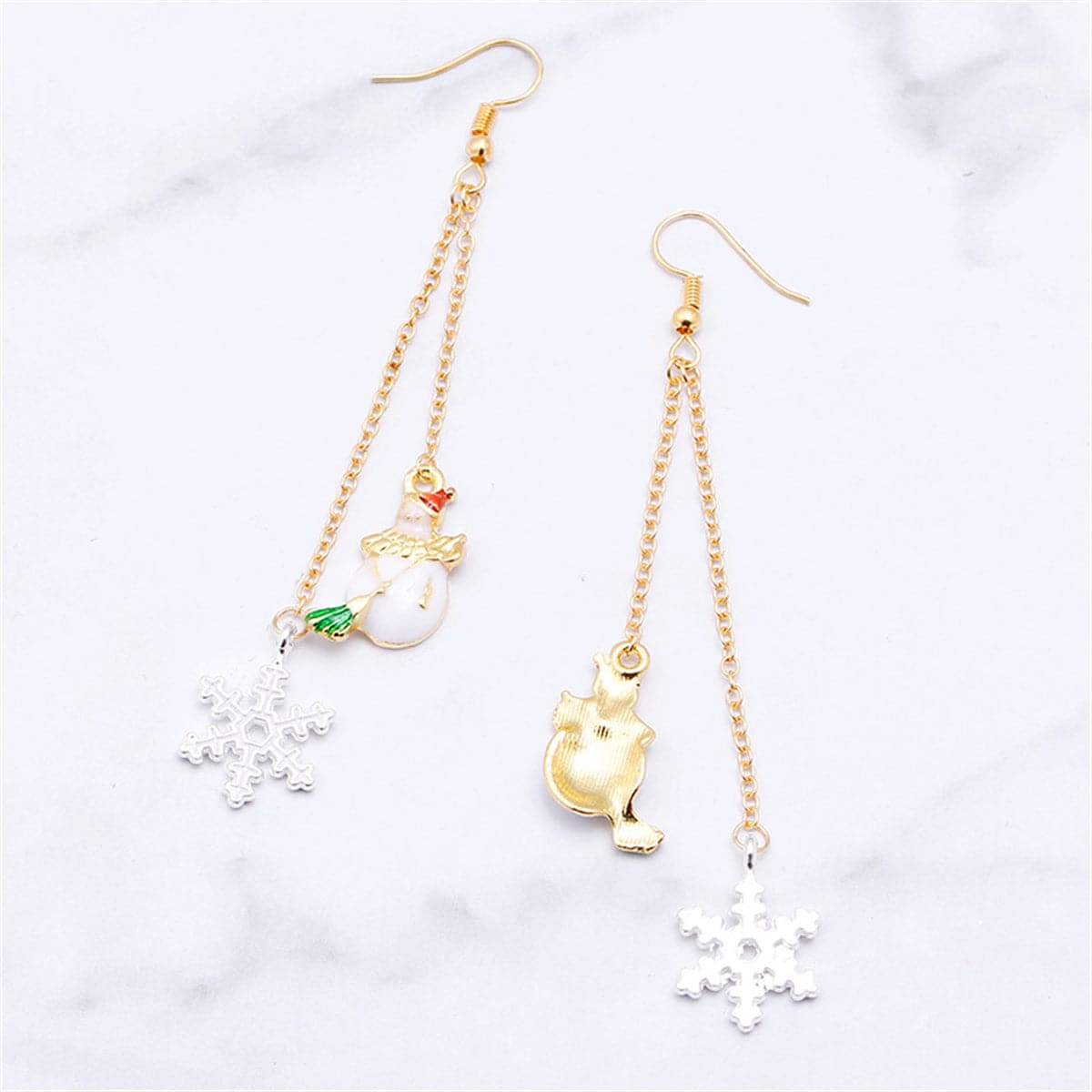 White Enamel & Two Tone Snowflake Snowman Drop Earrings