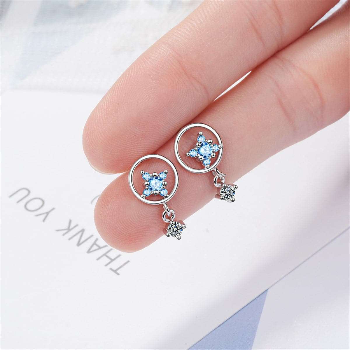 Cubic Zirconia & Silvertone Star & Ring Drop Earrings