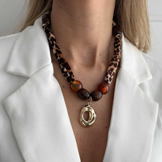 Polyster & Resin Wood Goldtone Pendant Leopard Print Necklace