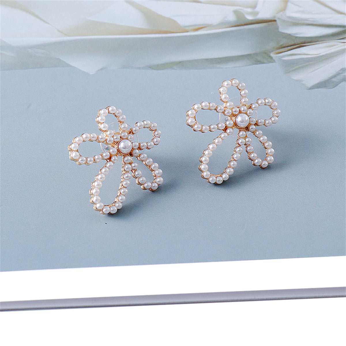 Pearl & Goldtone Open Flower Stud Earrings