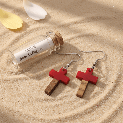 Red Resin & Wood Silvertone Cross Hook Earrings