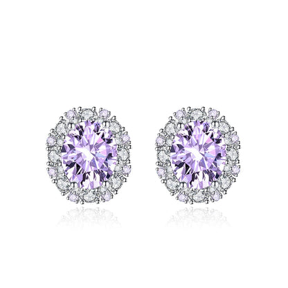 Cubic Zirconia & Purple Crystal Oval Stud Earrings