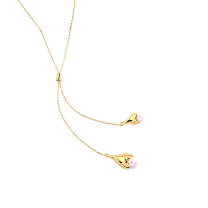Pearl & Goldtone Double Drop Pendant Necklace