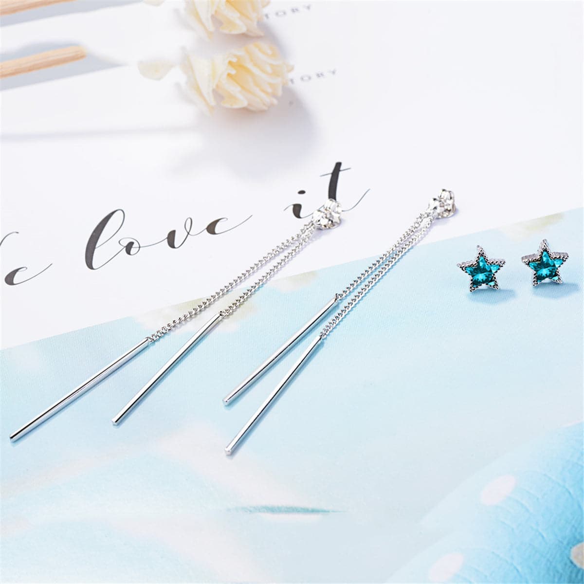 Blue Crystal & Silvertone Star & Tassel Drop Earrings