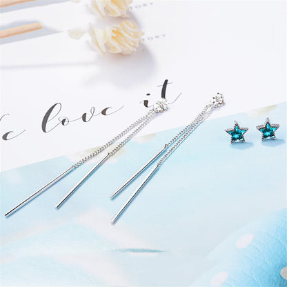 Blue Crystal & Silvertone Star & Tassel Drop Earrings