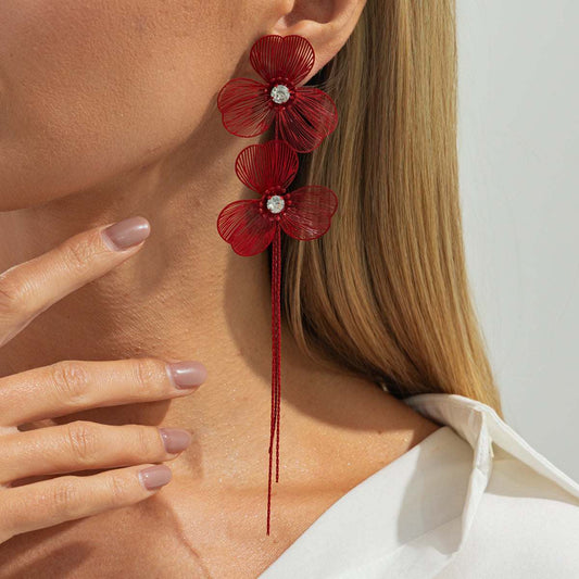 Cubic Zirconia & Red Enamel Netted Flower Tassel Dangle Earrings