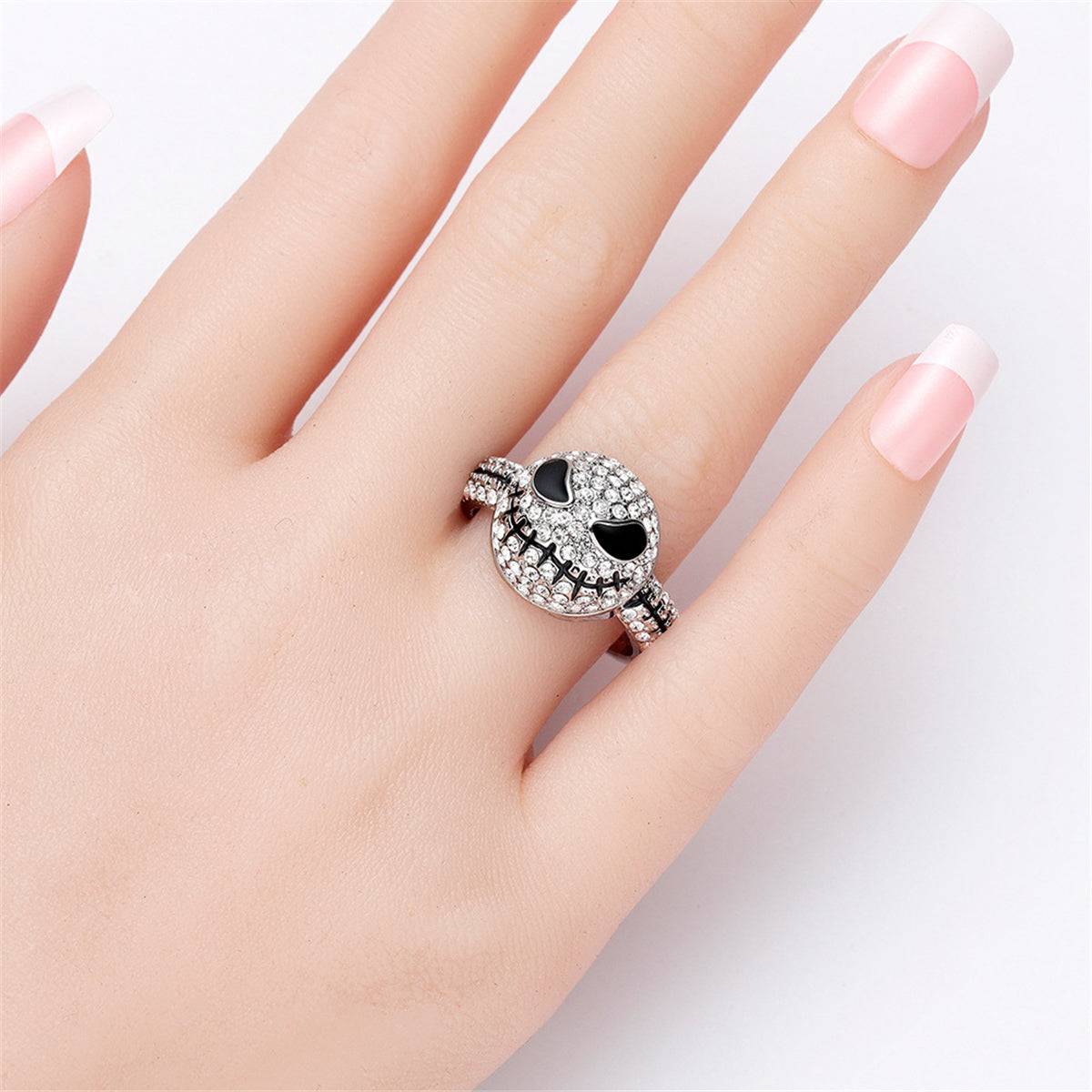 Cubic Zirconia & Silvertone Skull Band Ring-4