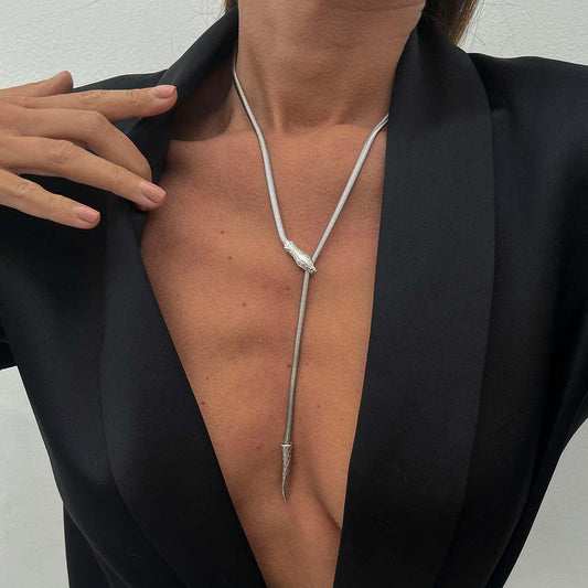 Silvertone Herringbone Chain Snake Lariat Necklace