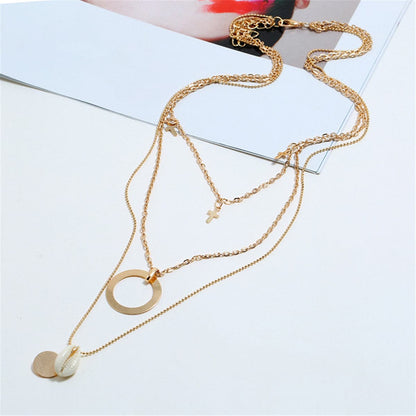 Shell & Goldtone Cross Pendant Layered Necklace