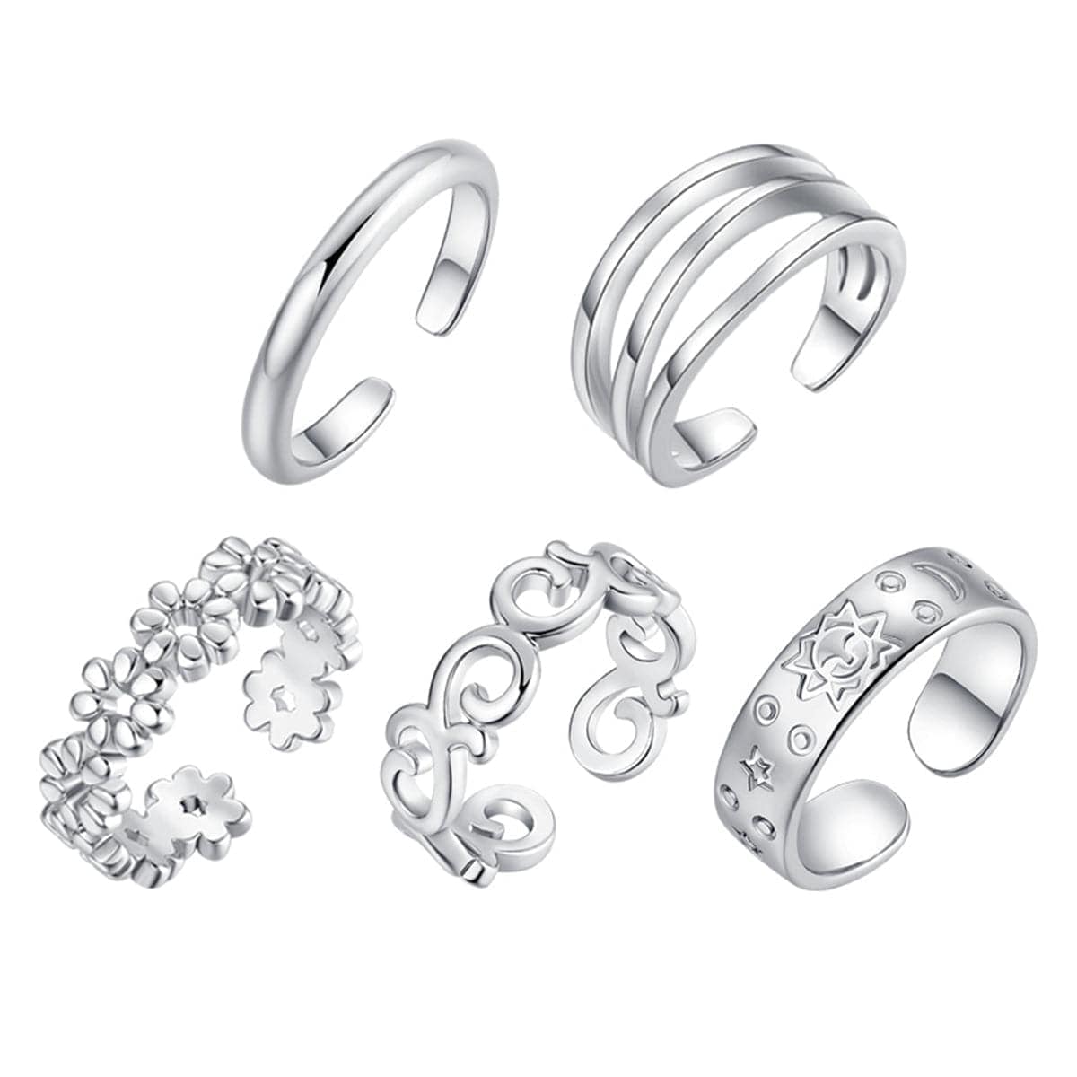 Silvertone Adjustable Botany Toe Ring Set