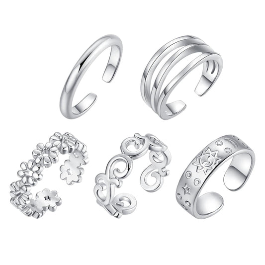 Silvertone Adjustable Botany Toe Ring Set
