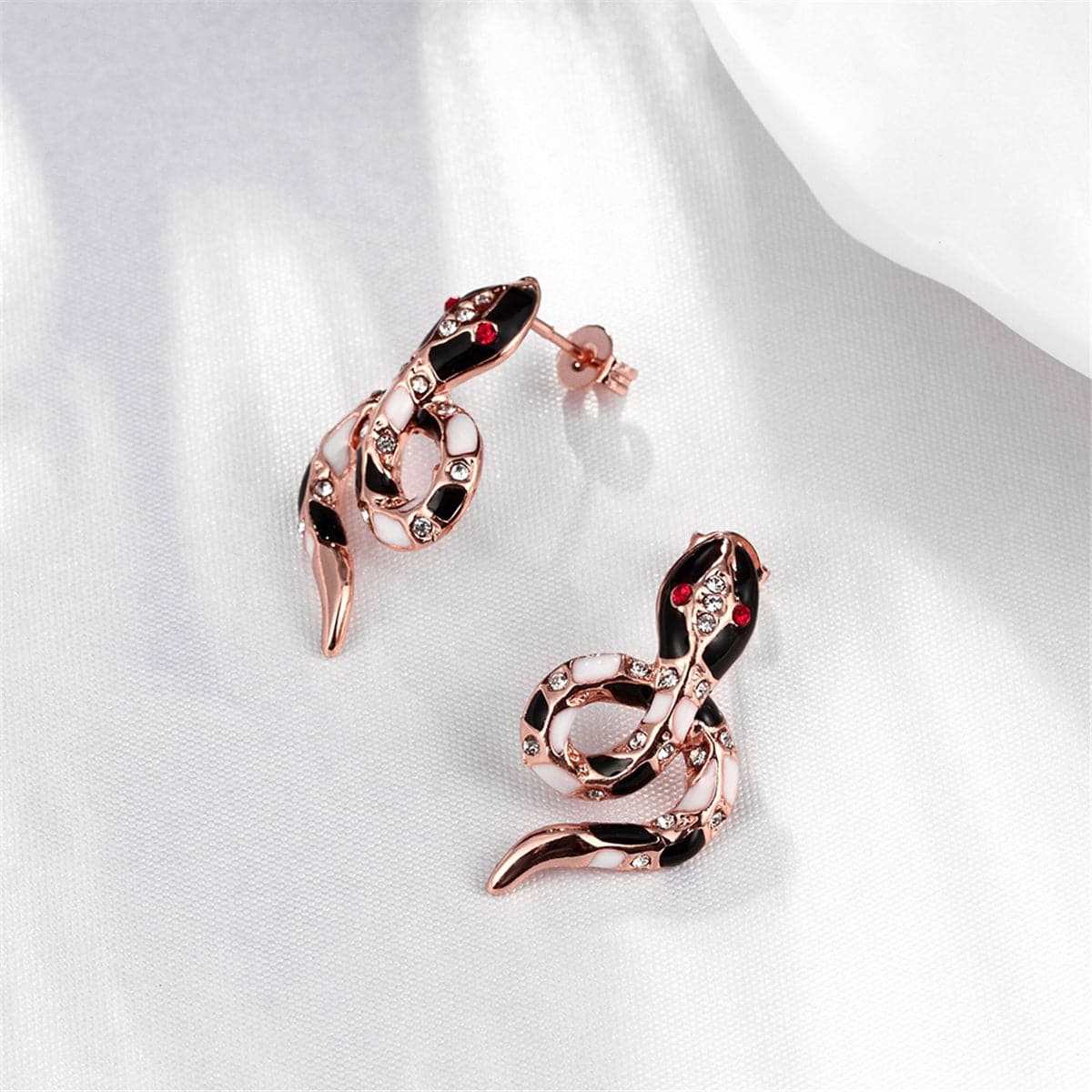 Cubic Zirconia & Enamel Rose Goldtone Snake Stud Earrings