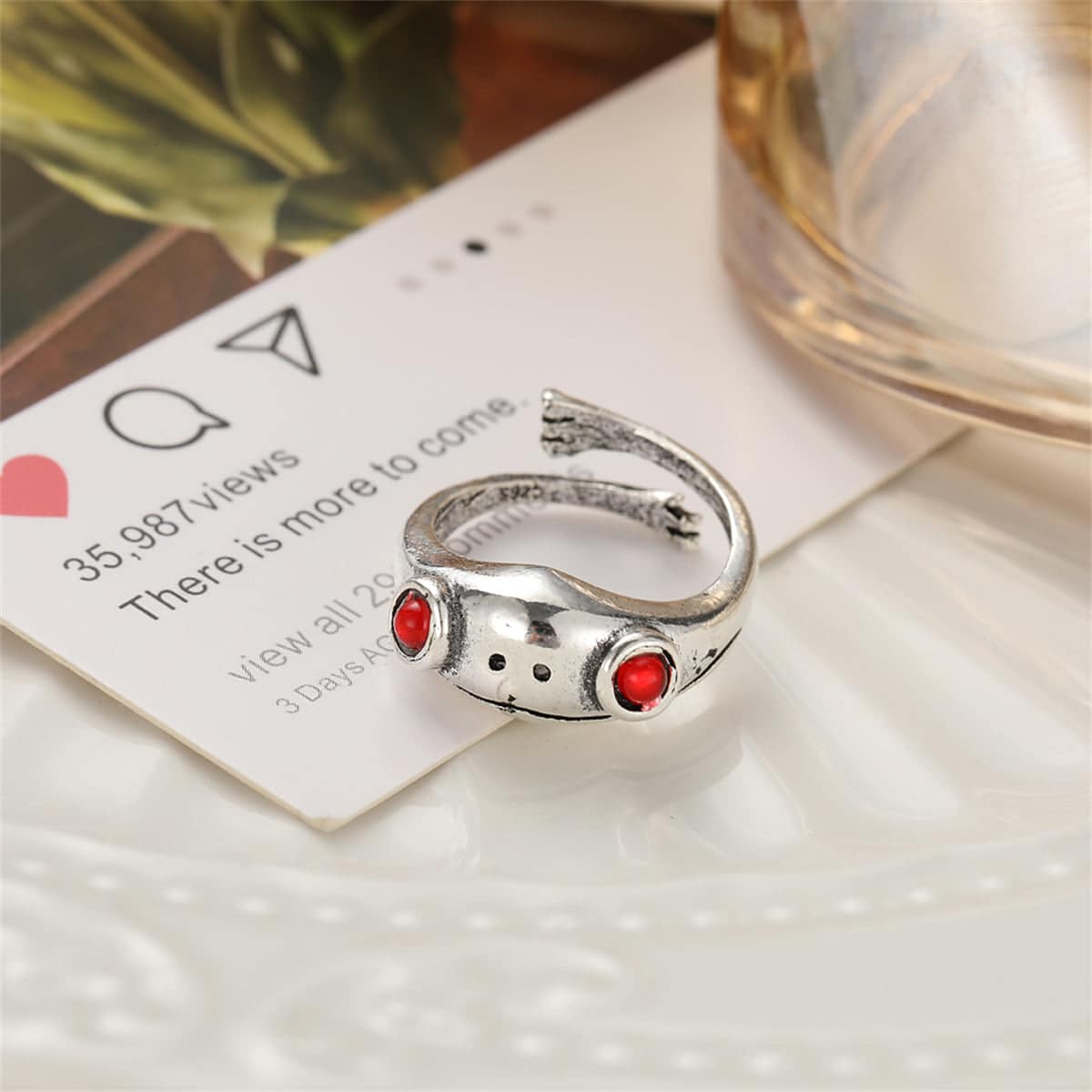 Red Cubic Zirconia & Silvertone Frog Adjustable Ring