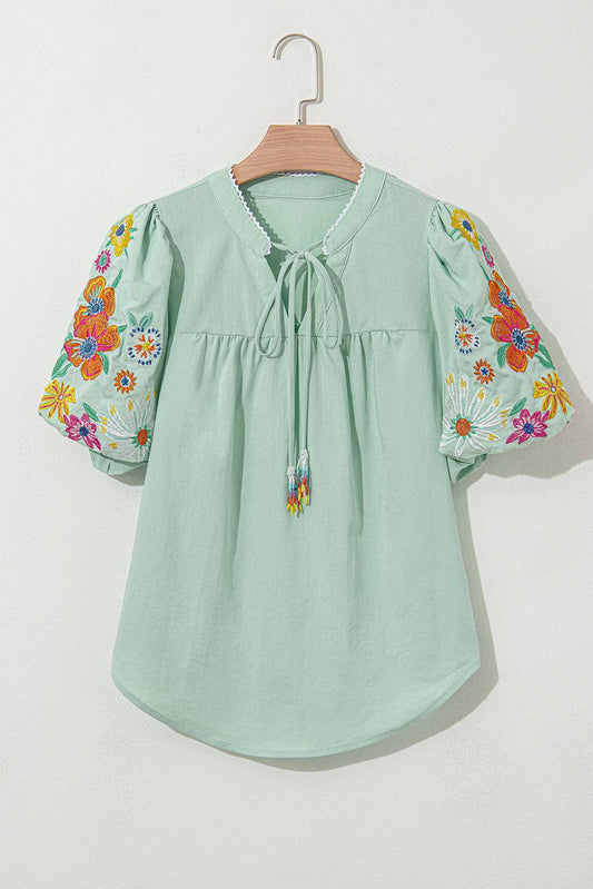 Threaded Pear Reya Floral Embroidered Puff Sleeve Split Neck Blouse
