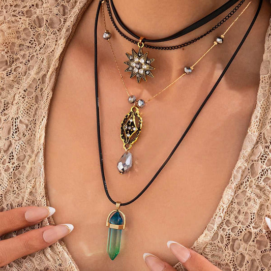 Crystal & Cubic Zirconia Acrylic Polyster Goldtone Star Hexagonal Prism Necklace Set