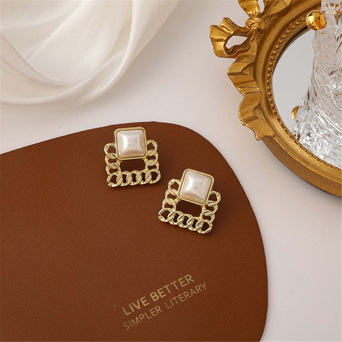 Pearl Goldtone Figaro Square Stud Earrings
