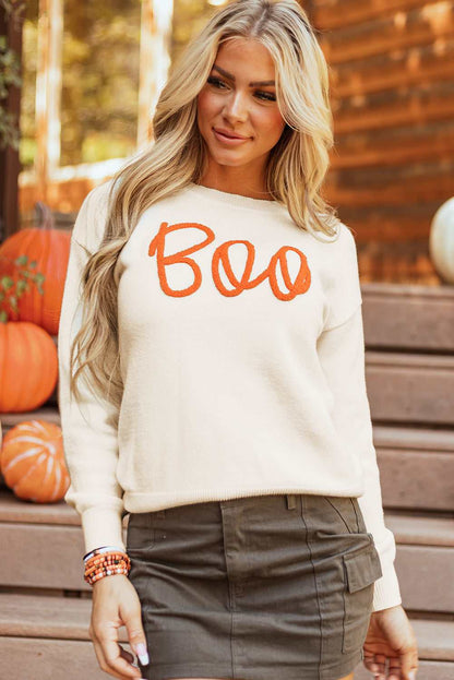 Boo Knitted Pattern Ribbed Edge Sweater - Apricot / M - 8/10