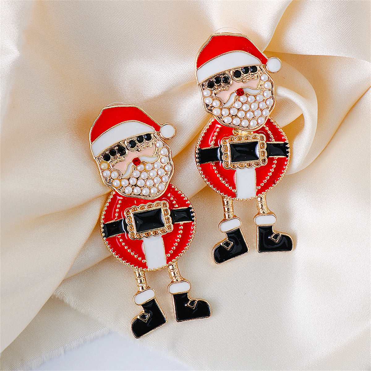 Red Enamel & Pearl Goldtone Santa Drop Earrings