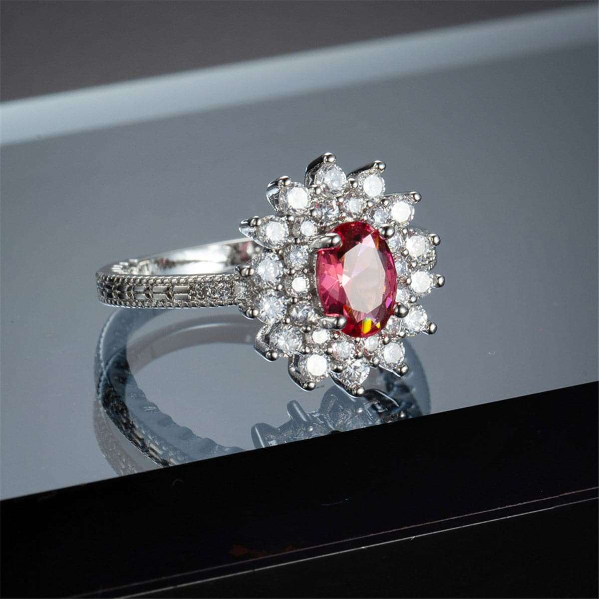 Rose Crystal & Cubic Zirconia Oval Flower Band Ring