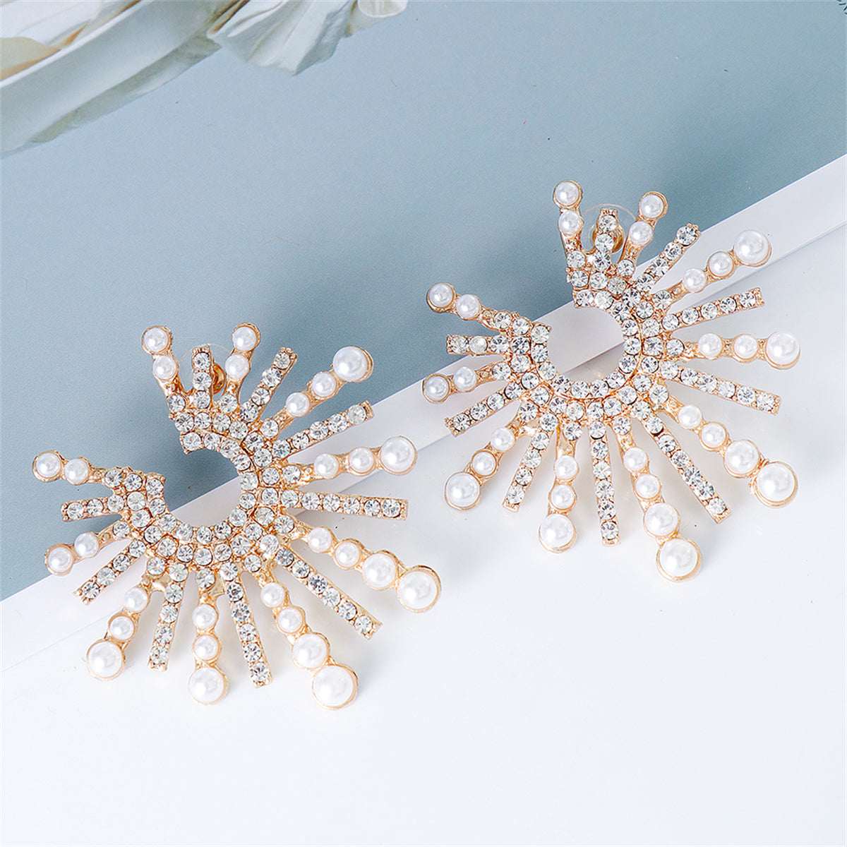 Cubic Zirconia & Pearl Goldtone Sun Stud Earrings