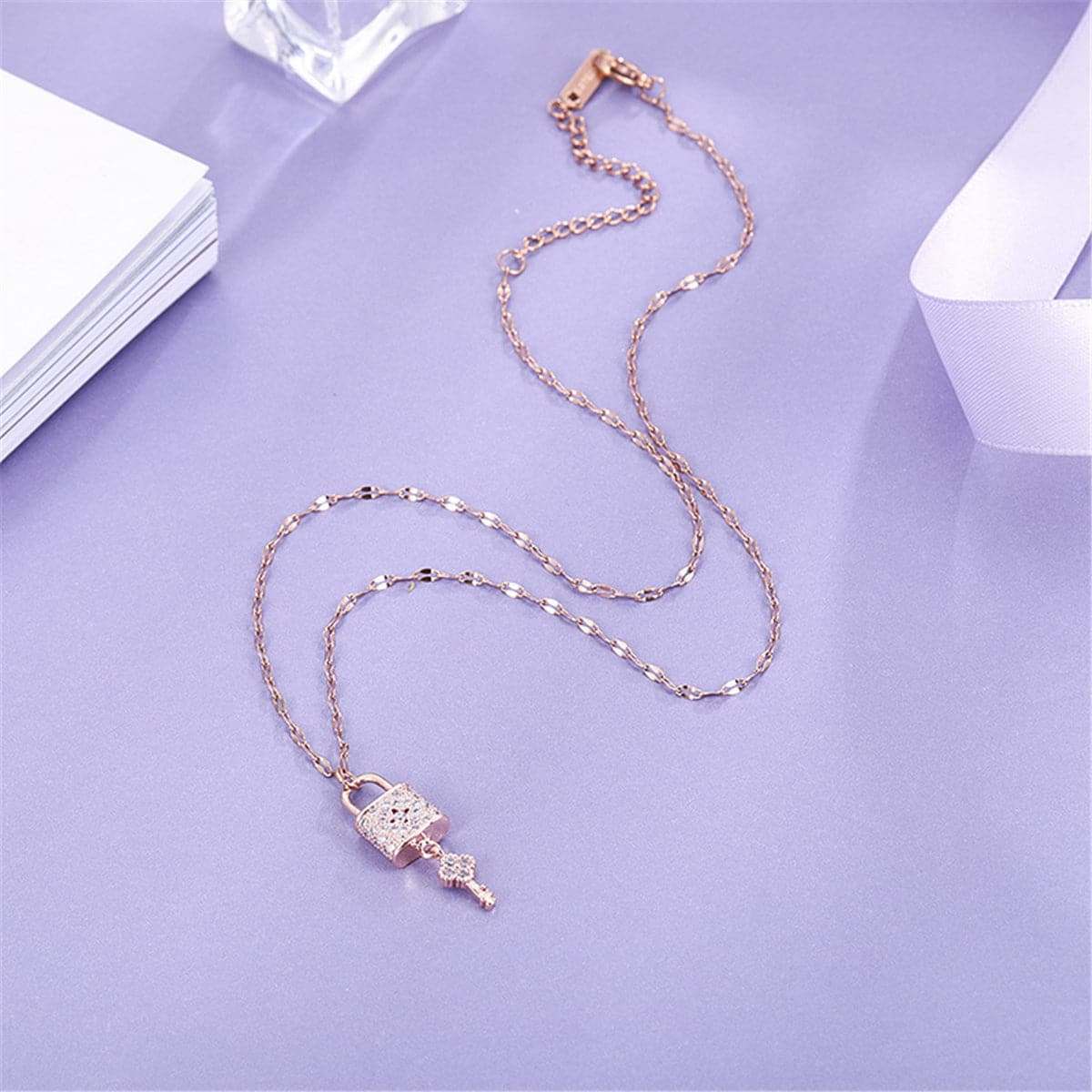 Cubic Zirconia & Rose Goldtone Lock & Key Pendant Necklace