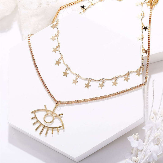 Goldtone Star Eye Pendant Layered Necklace