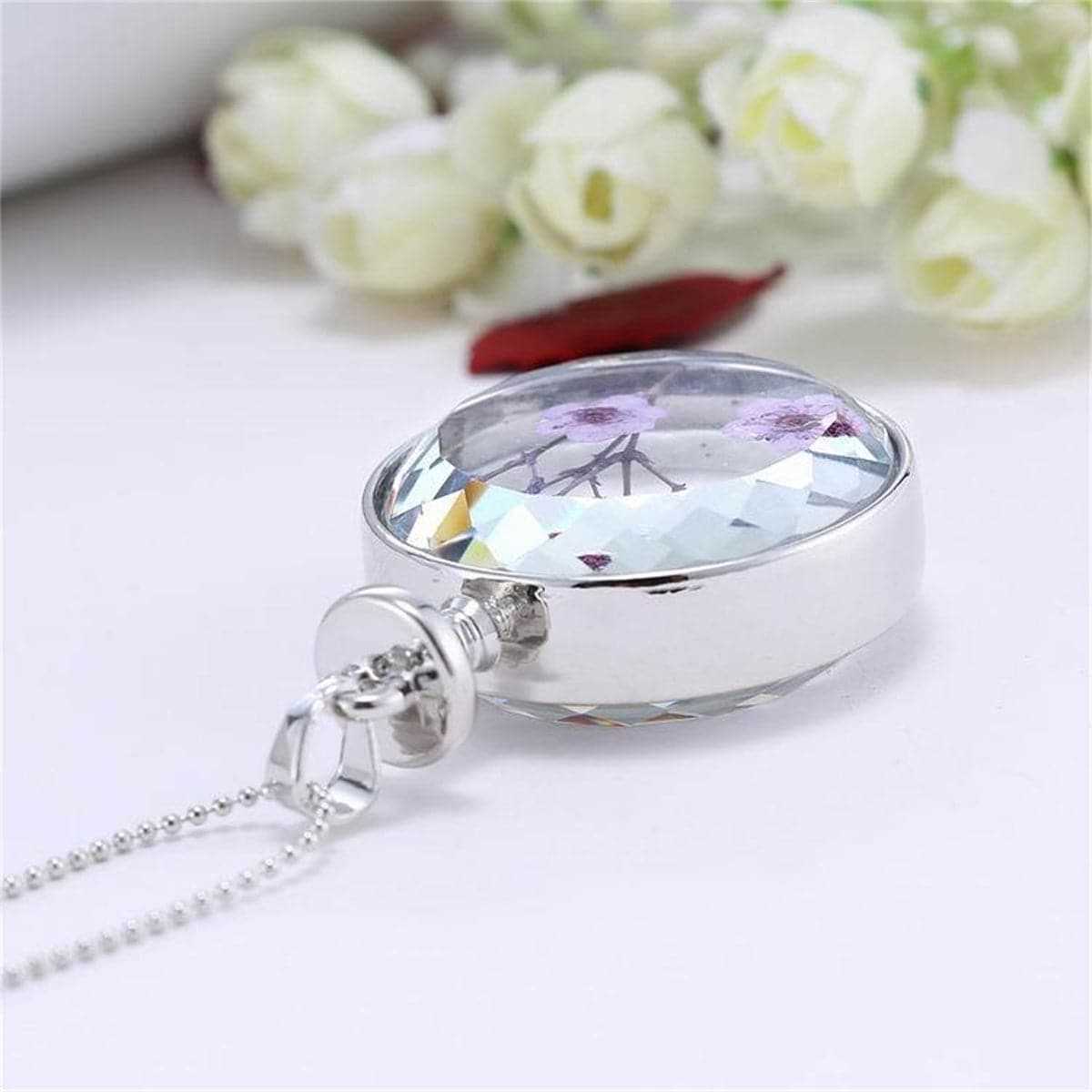 Purple Peach Flower & Silvertone Round Pendant Necklace