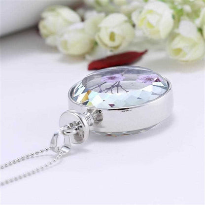 Purple Peach Flower & Silvertone Round Pendant Necklace