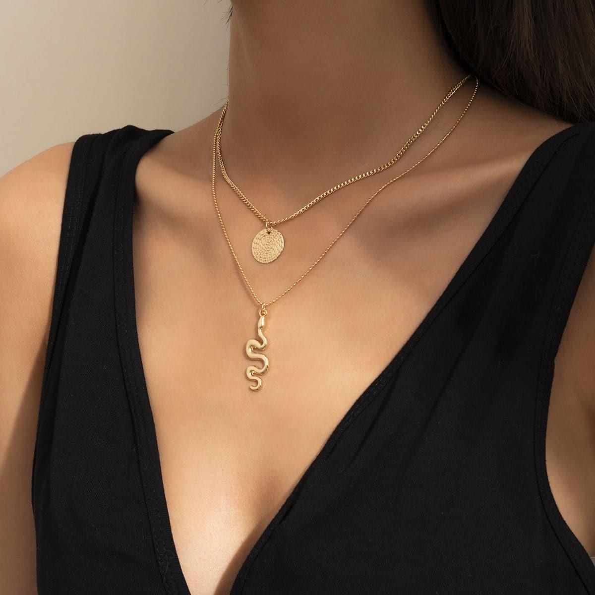 Goldtone Snake Circle Layered Pendant Necklace