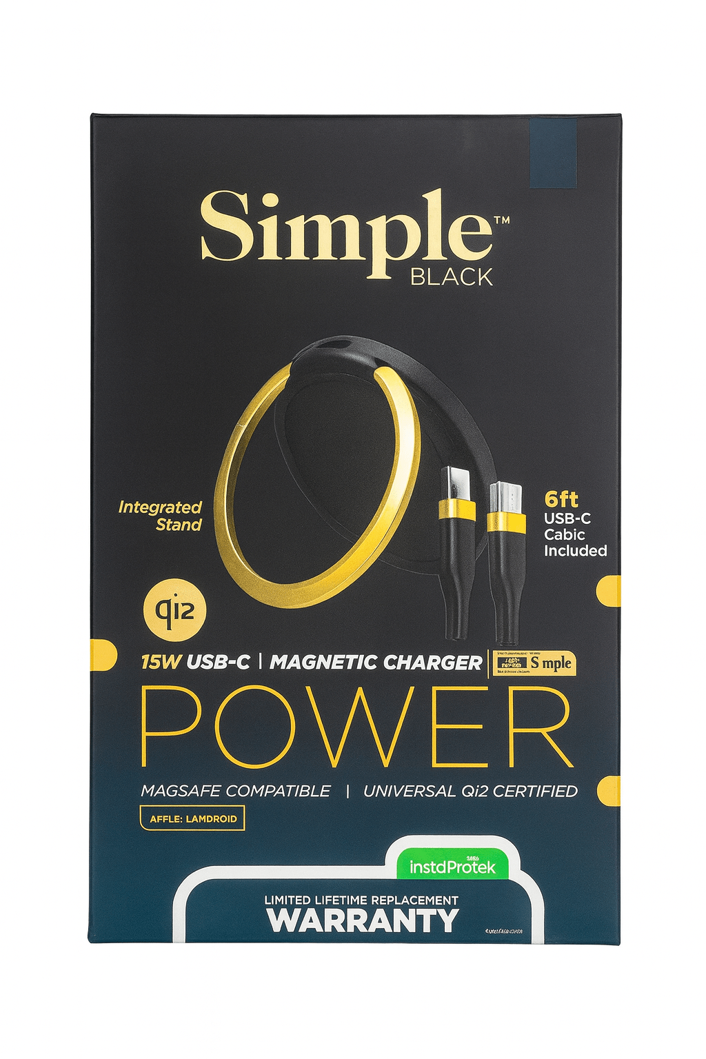 Simple™ Black Magnetic 15w Usb-C Qi2 Charger w/ Stand & 6ft Cable