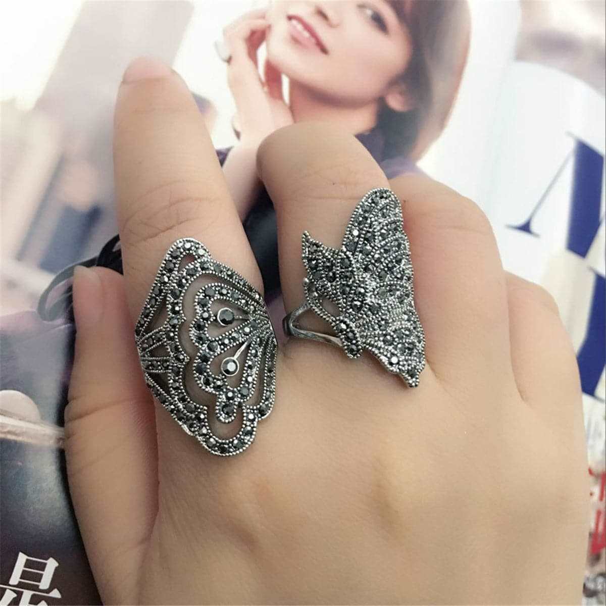 Cubic Zirconia & Silvertone Butterfly Band Ring
