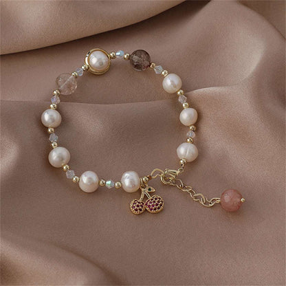 Strawberry Crystal & Pearl Goldtone Cherry Charm Bracelet