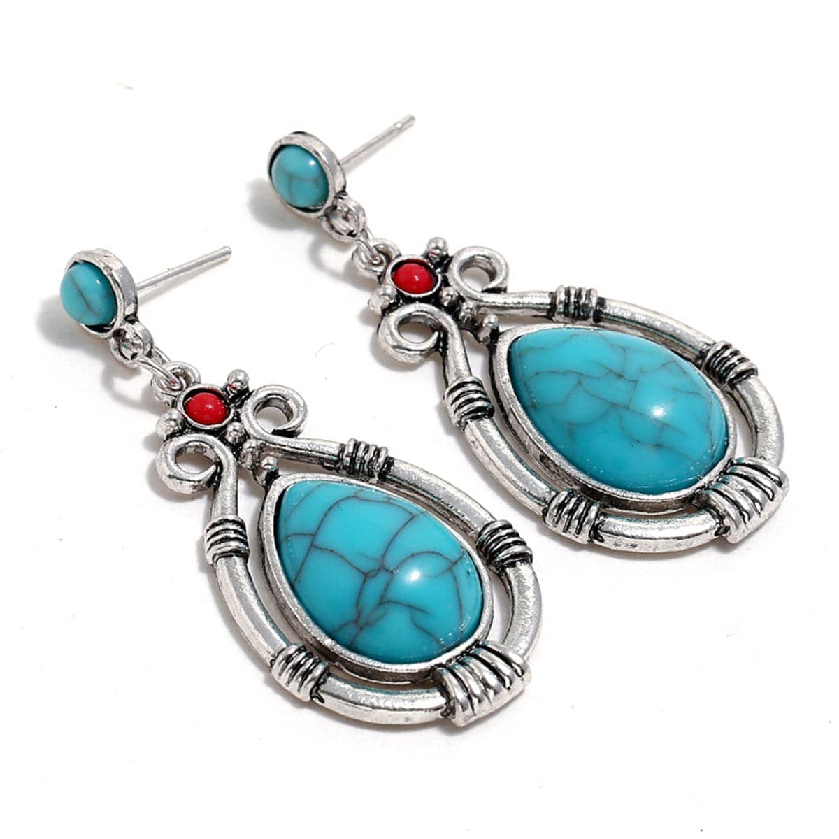 Turquoise & Silvertone Teardrop Earrings
