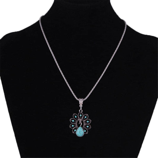 Turquoise & Cubic Zirconia Silvertone Peacock Pendant Necklace