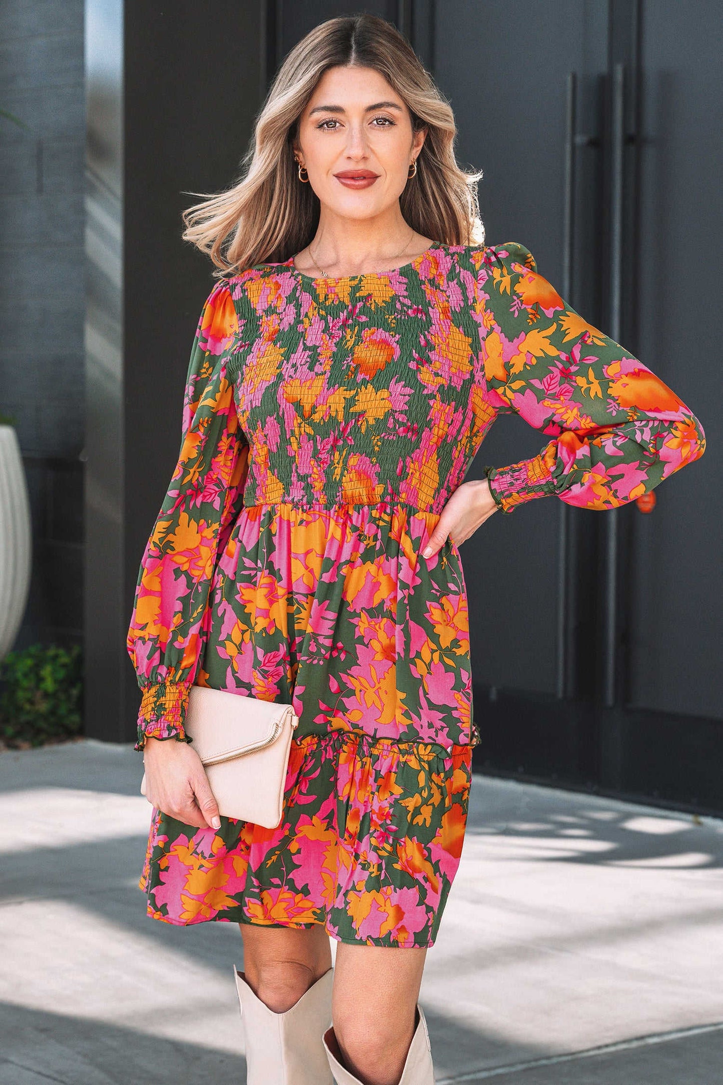 Anna Smocked Ruffled Mini Dress - Multicolour / L - 12/14