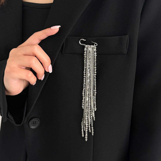 Gray Acrylic & Silvertone Tassel Pin Brooch