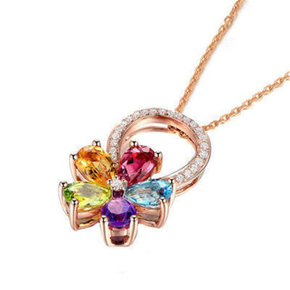 Rainbow Cubic Zirconia & Rose Goldtone Flower Pendant Necklace
