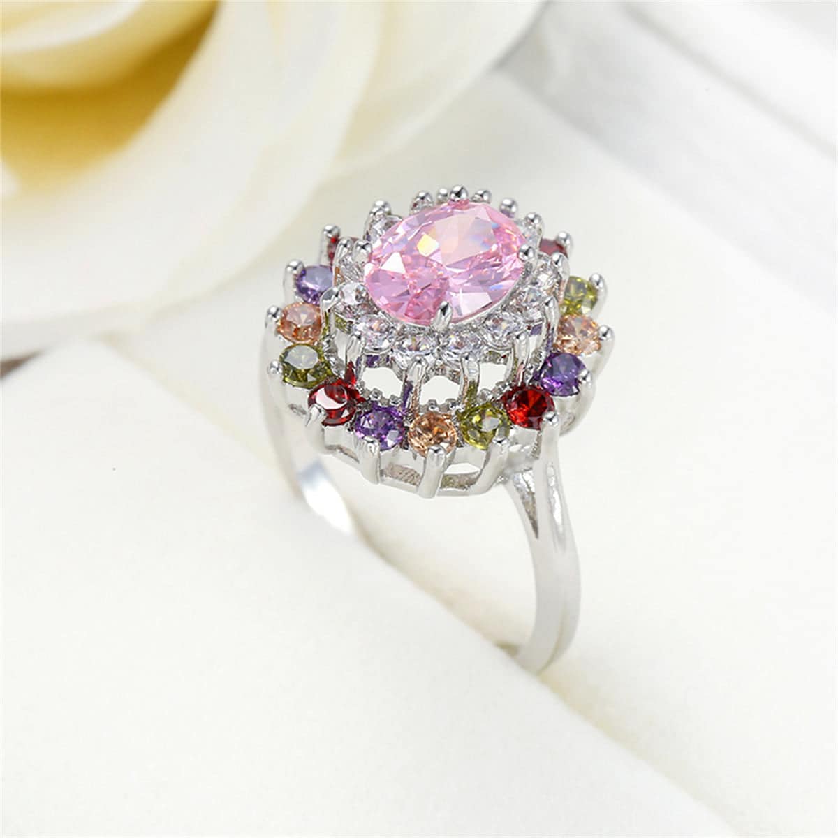 Pink Crystal & Cubic Zirconia Silvertone Oval-Cut Ring-4