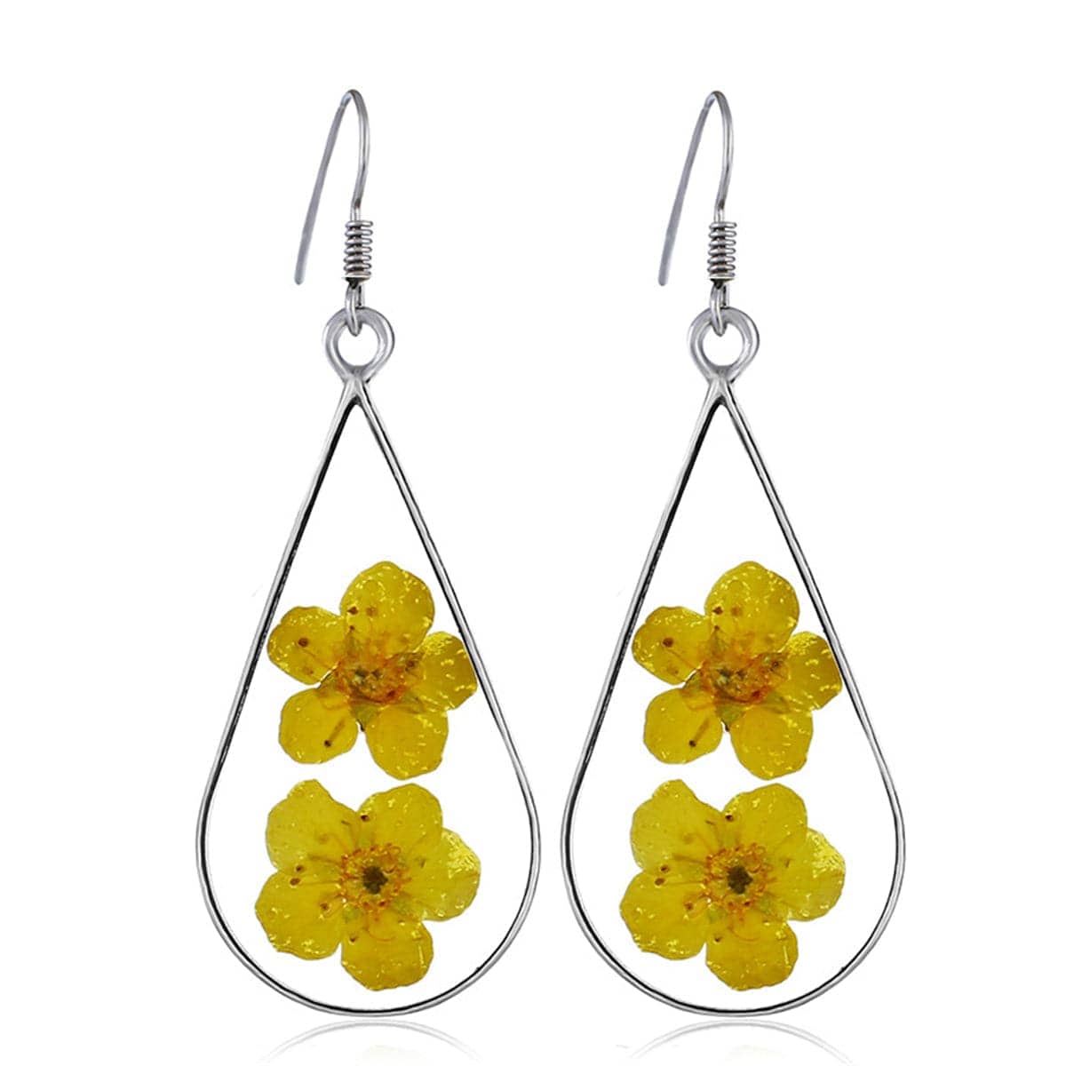 Double Yellow Pressed Peach Flower & Silvertone Drop Earrings