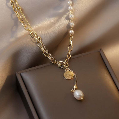 Pearl & Goldtone Coin Lariat Necklace