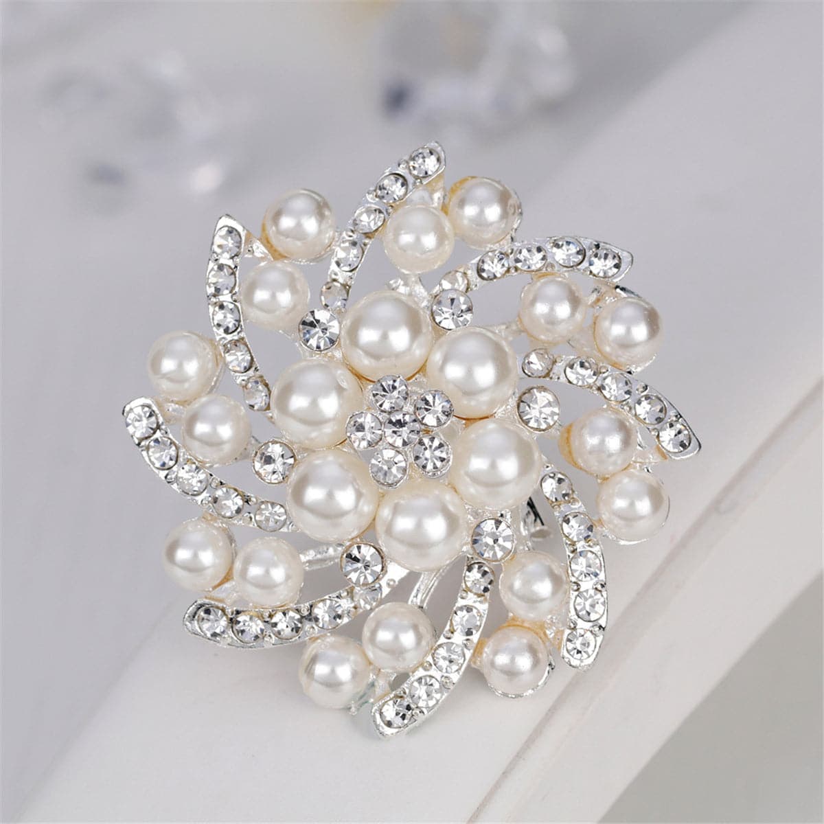 Pearl & Cubic Zirconia Silvertone Floral Brooch