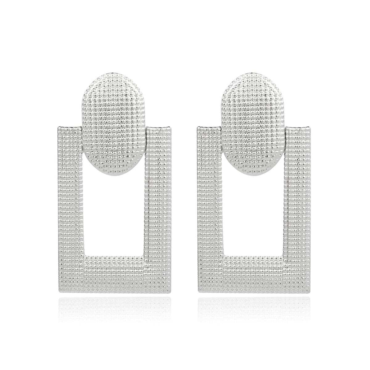 Silvertone Studded Open Rectangle Drop Earrings